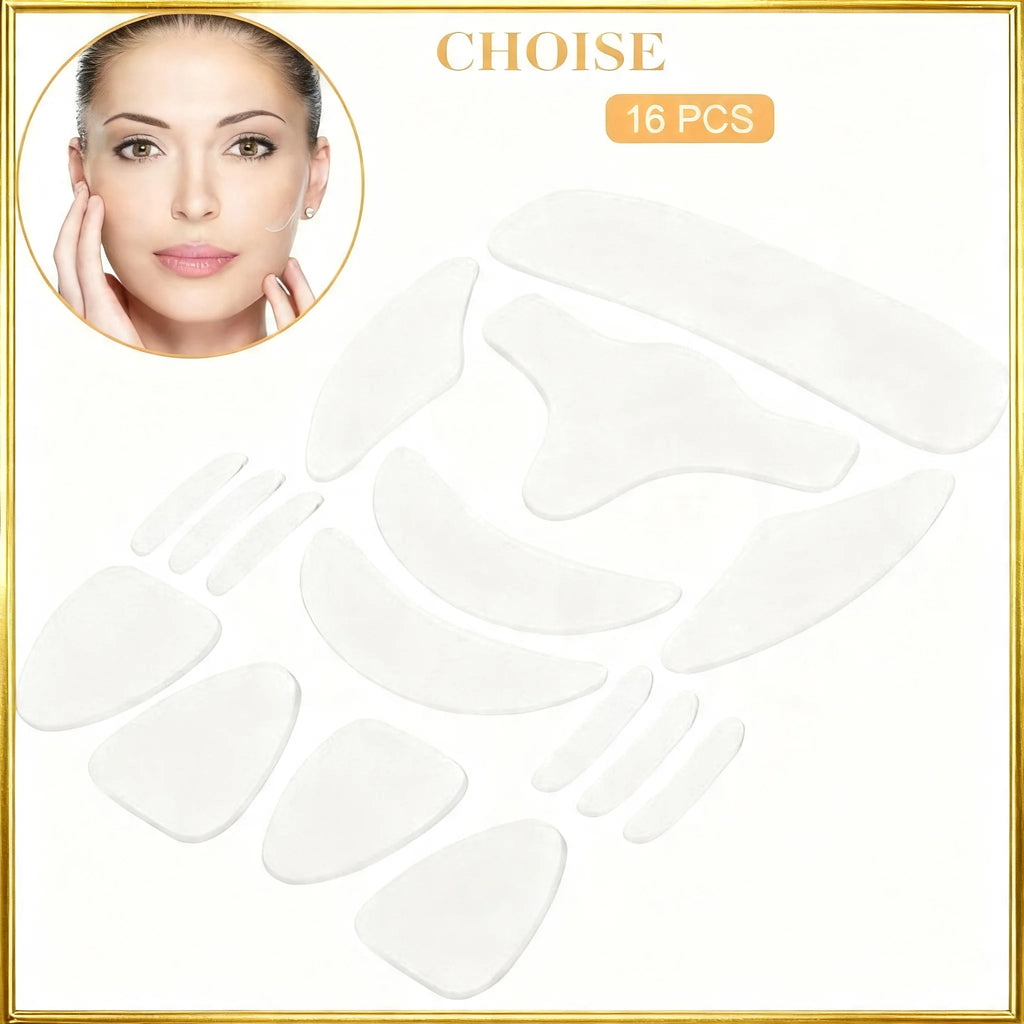 A set of 16 white silicone eye contouring pads arranged on a white background with a gold border. The top left features a circular inset of a woman's face, and the top center displays the text 'CHOISE 16 PCS'.